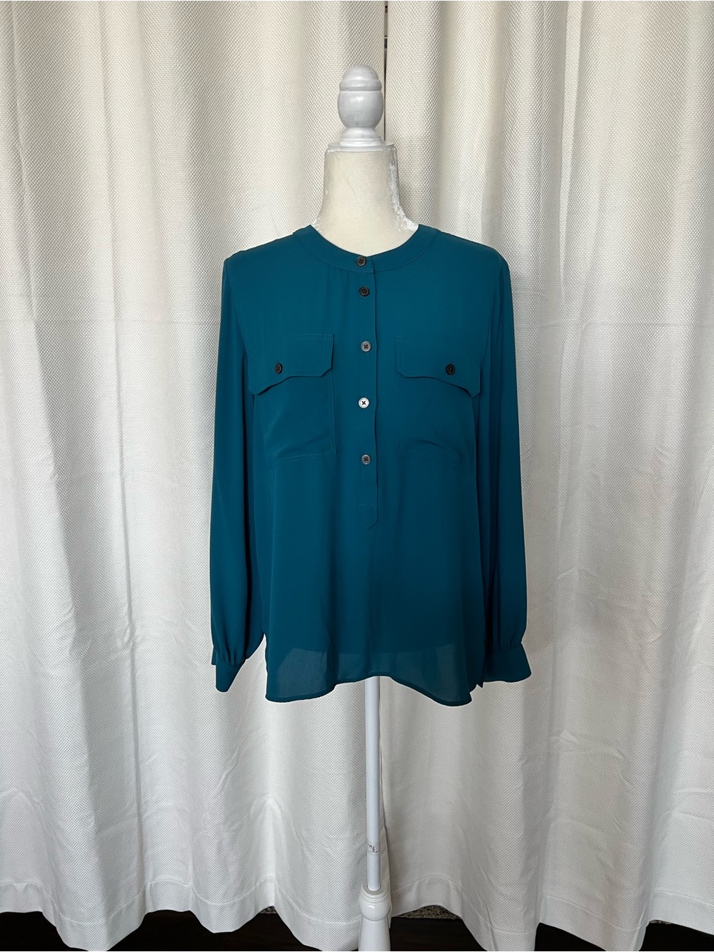 LOFT Teal Long-Sleeve Button-Front Blouse